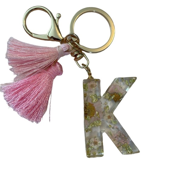 2/$18 New Initial K Pressed Flowers Keychain With Tassels! - Picture 1 of 7